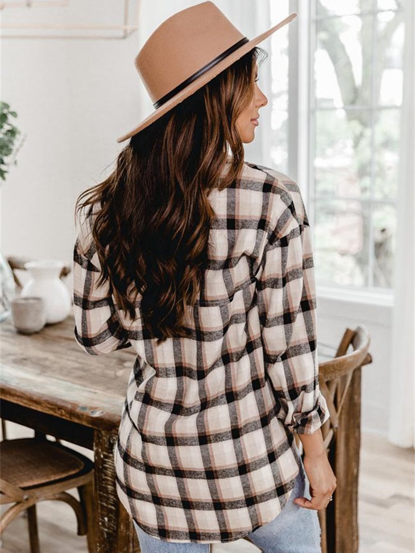 fermon - Plaid Print Drop Shoulder Blouse