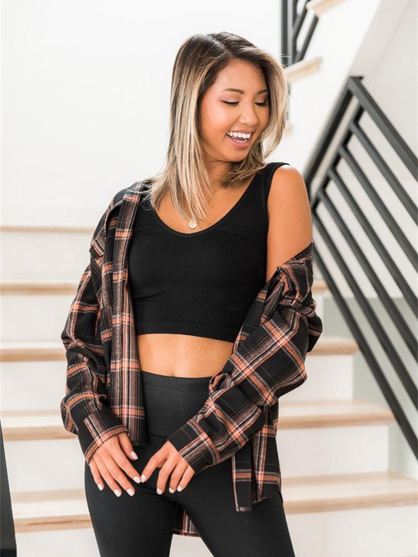 fermon - Plaid Print Drop Shoulder Blouse