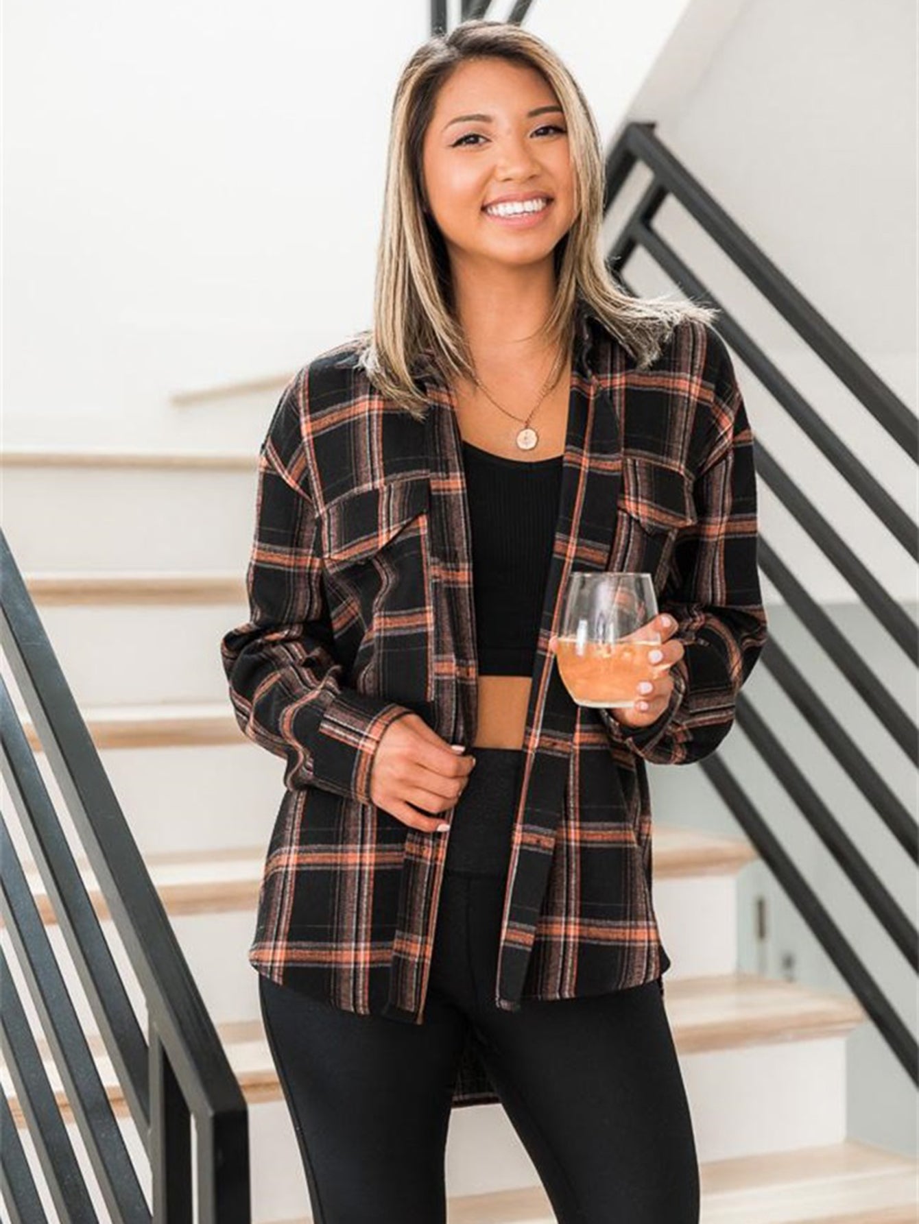 fermon - Plaid Print Drop Shoulder Blouse