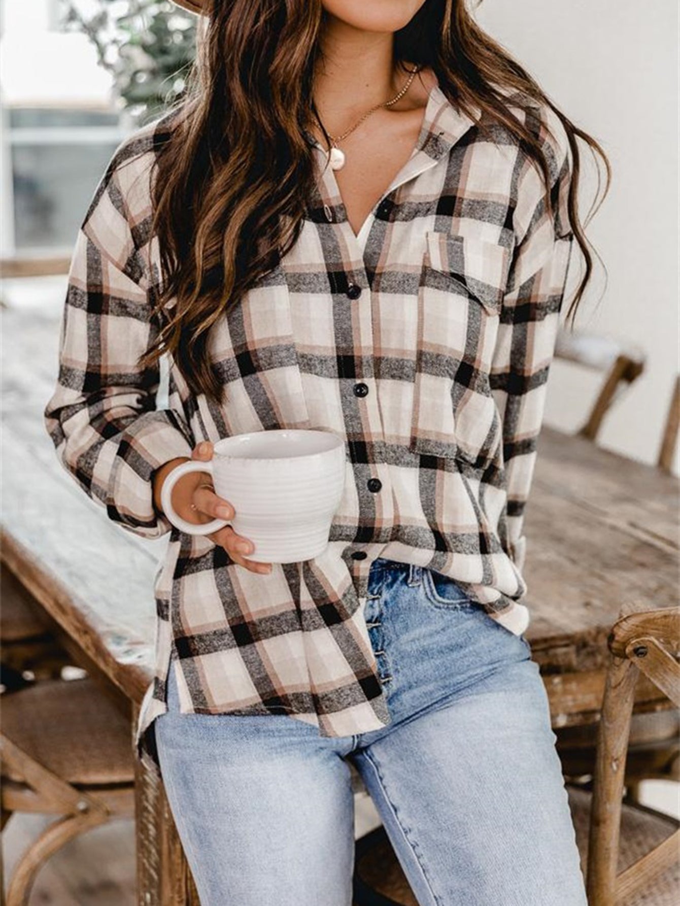 fermon - Plaid Print Drop Shoulder Blouse