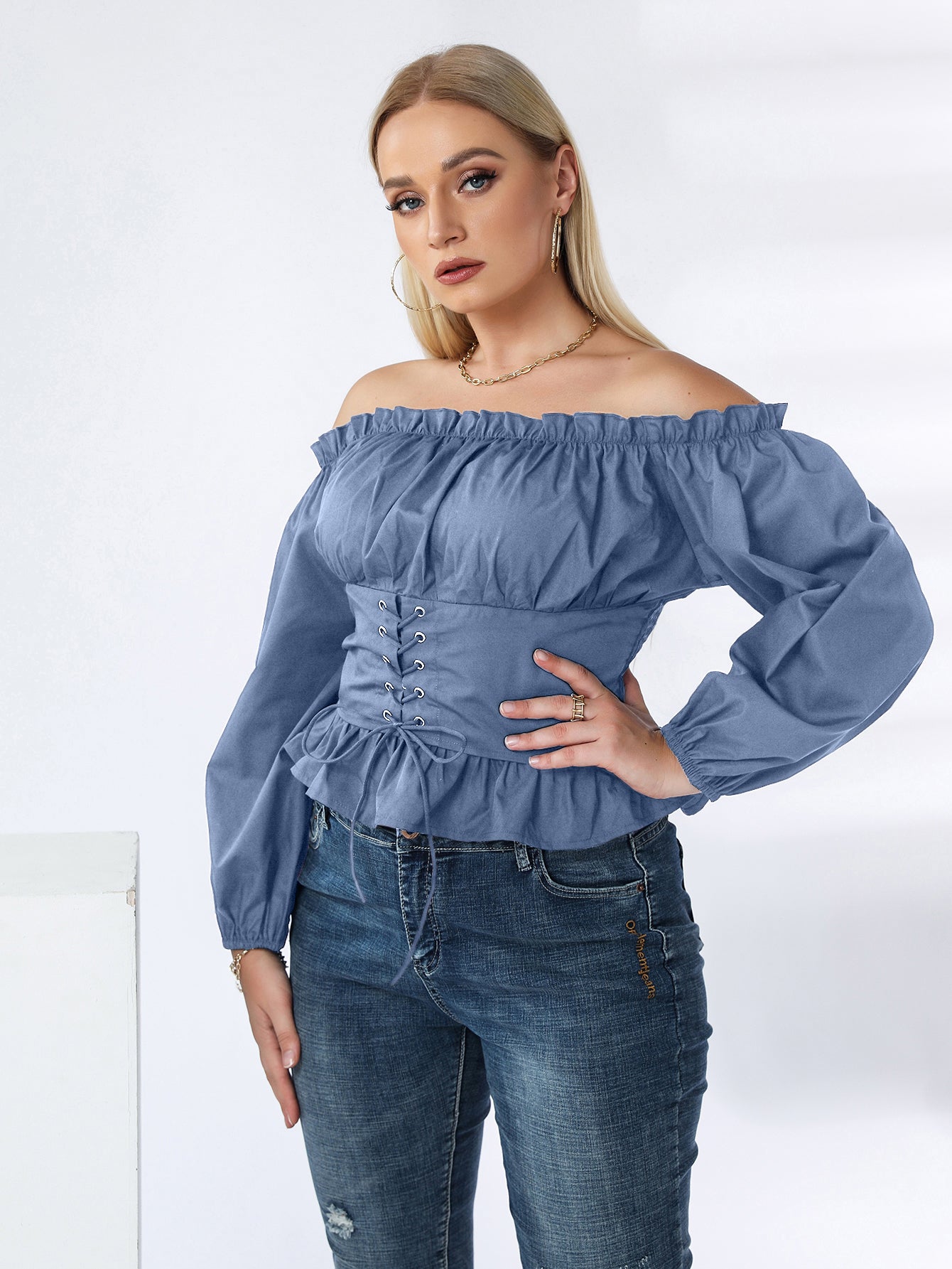 fermon - Plus Off Shoulder Lace Up Ruffle Hem Peplum Blouse
