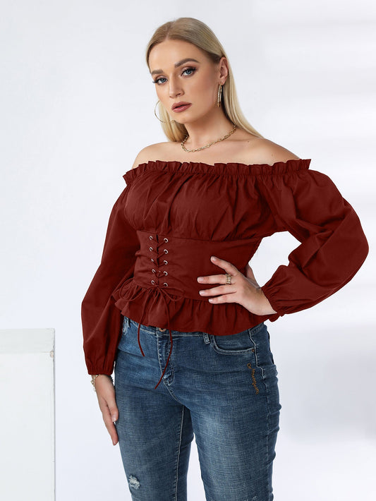 fermon - Plus Off Shoulder Lace Up Ruffle Hem Peplum Blouse