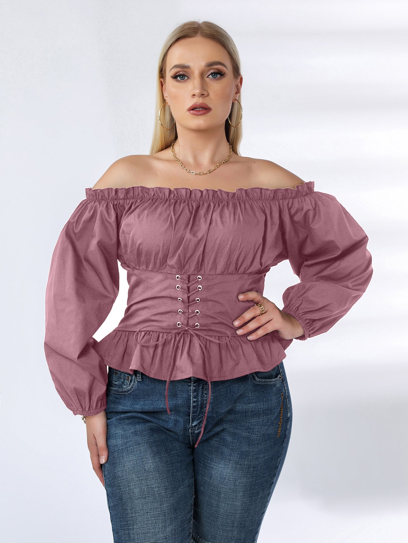 fermon - Plus Off Shoulder Lace Up Ruffle Hem Peplum Blouse