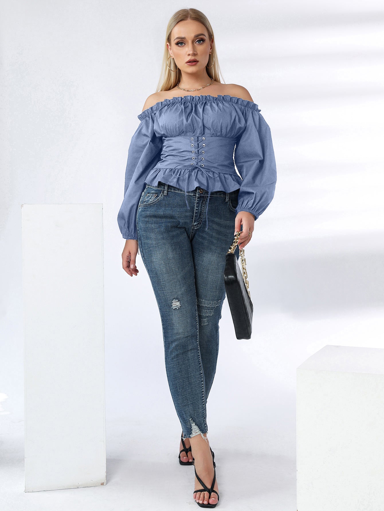 fermon - Plus Off Shoulder Lace Up Ruffle Hem Peplum Blouse