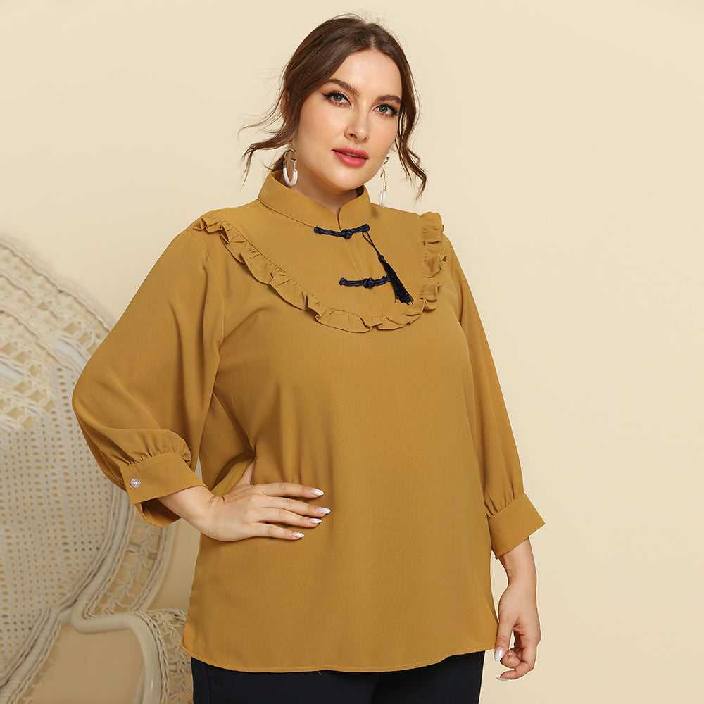 fermon - Plus Size Women Retro Style Stand Collar Ruffle Trim Solid Color Casual Shirt Top Blouse