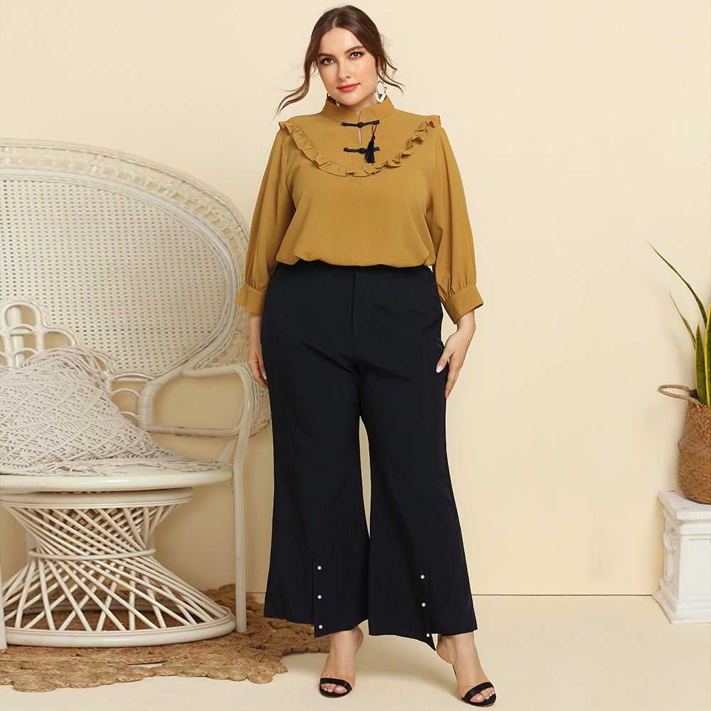 fermon - Plus Size Women Retro Style Stand Collar Ruffle Trim Solid Color Casual Shirt Top Blouse