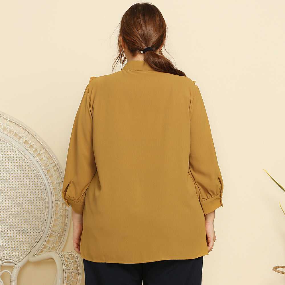 fermon - Plus Size Women Retro Style Stand Collar Ruffle Trim Solid Color Casual Shirt Top Blouse