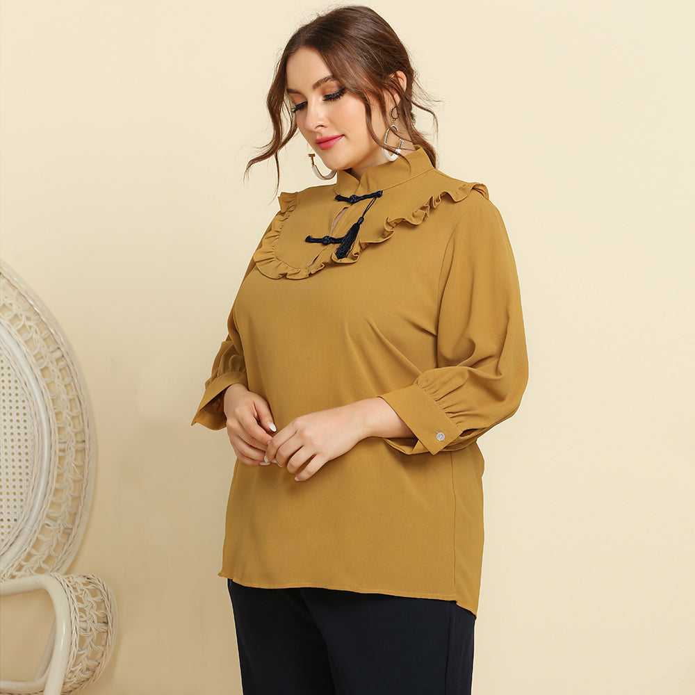 fermon - Plus Size Women Retro Style Stand Collar Ruffle Trim Solid Color Casual Shirt Top Blouse