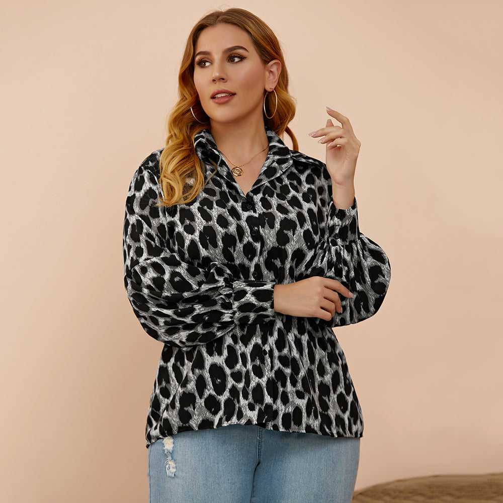 fermon - Plus size women's loose - fitting leopard-print slim lantern sleeves shirt