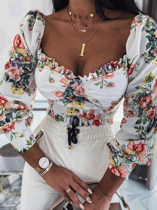 fermon - Rose Square Neck Long Sleeve Blouse