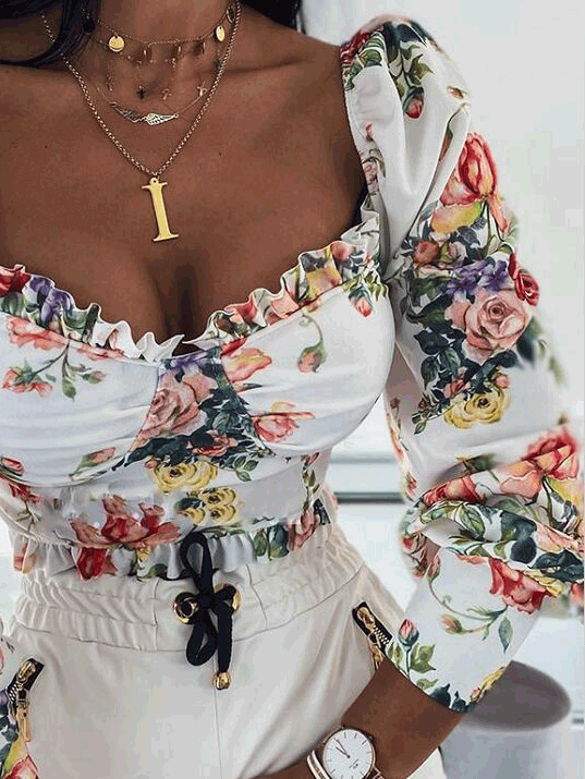 fermon - Rose Square Neck Long Sleeve Blouse