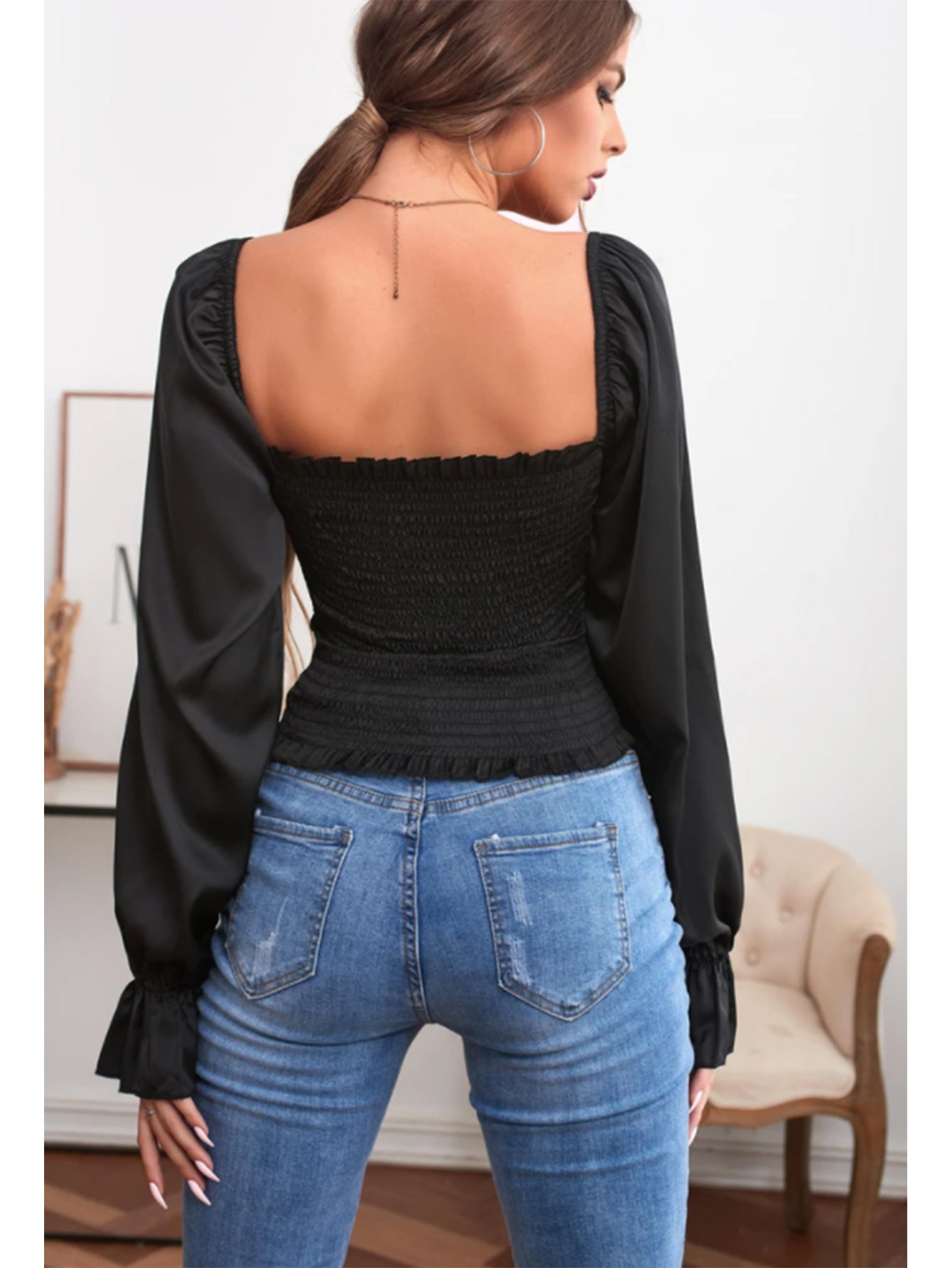 fermon - SQUARE COLLAR RUFFLED LONG SLEEVES BLOUSE