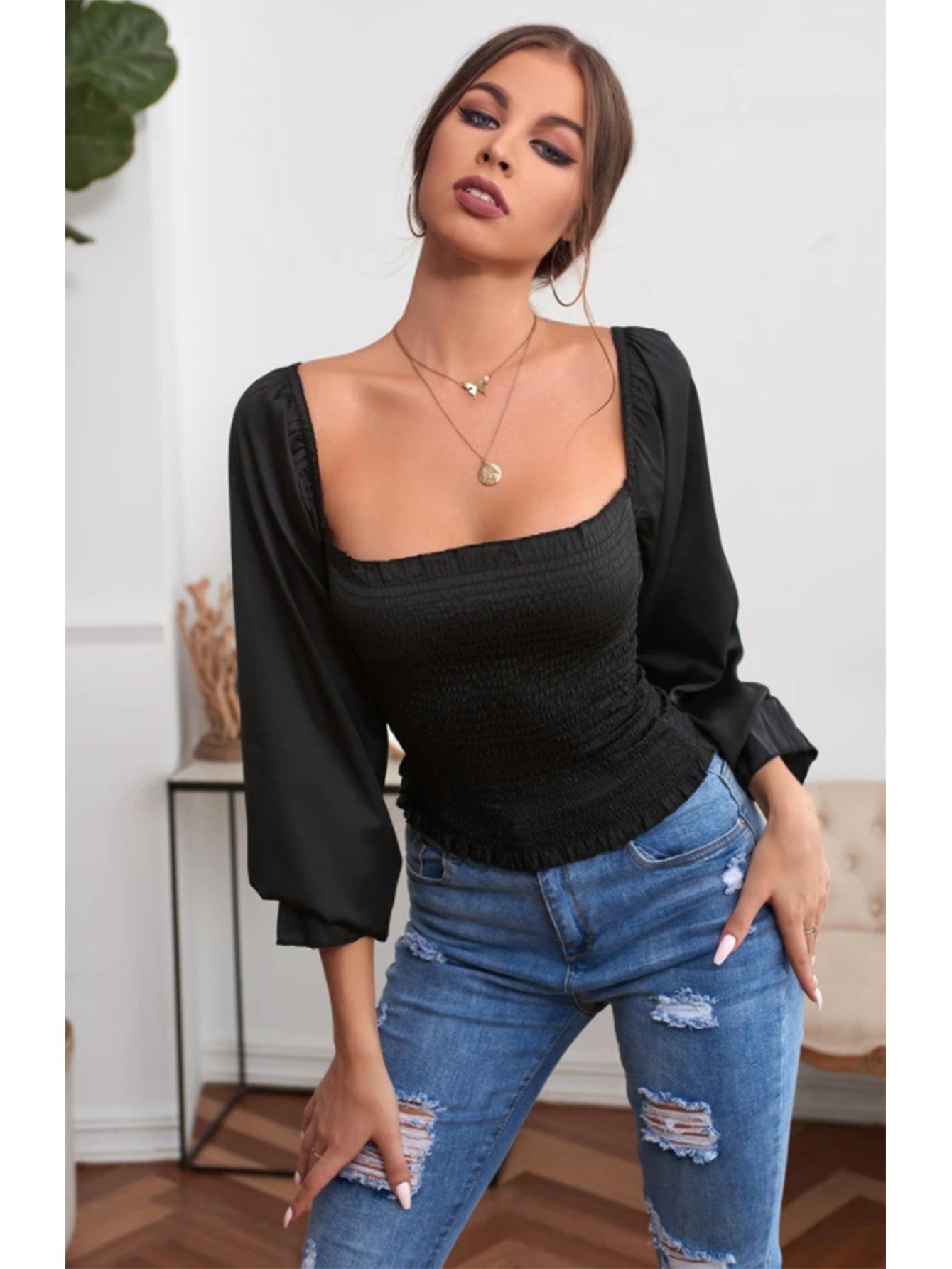 fermon - SQUARE COLLAR RUFFLED LONG SLEEVES BLOUSE