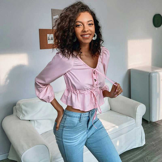 fermon - Shirt Short Open Navel Cross Blouse