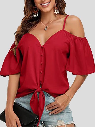 fermon - Sling Single Breasted Knotted Off Shoulder Blouse