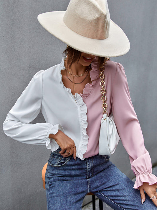 fermon - Two Tone Ruffle Hem Blouse