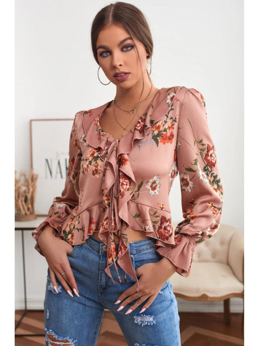 fermon - V-NECK RUFFLED FLORAL LONG SLEEVES BLOUSE
