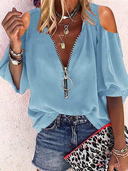 fermon - V-Neck Zip Off-Shoulder Long Sleeve Blouse