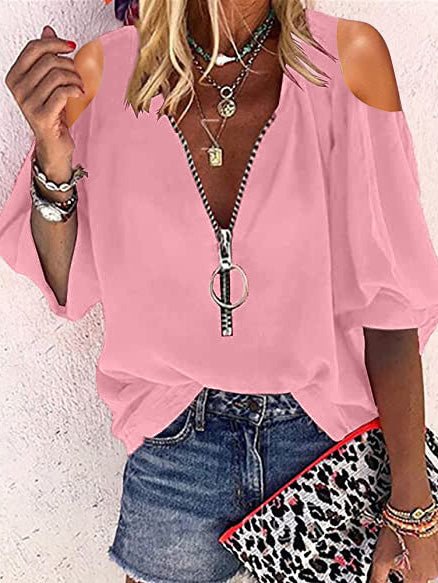 fermon - V-Neck Zip Off-Shoulder Long Sleeve Blouse