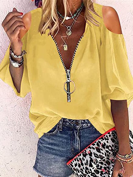 fermon - V-Neck Zip Off-Shoulder Long Sleeve Blouse