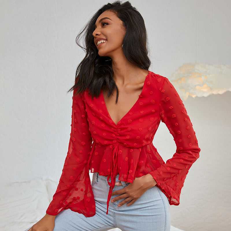 fermon - V neck wave point short flared sleeve top sexy pop up shirt women bandage blouse multicolor