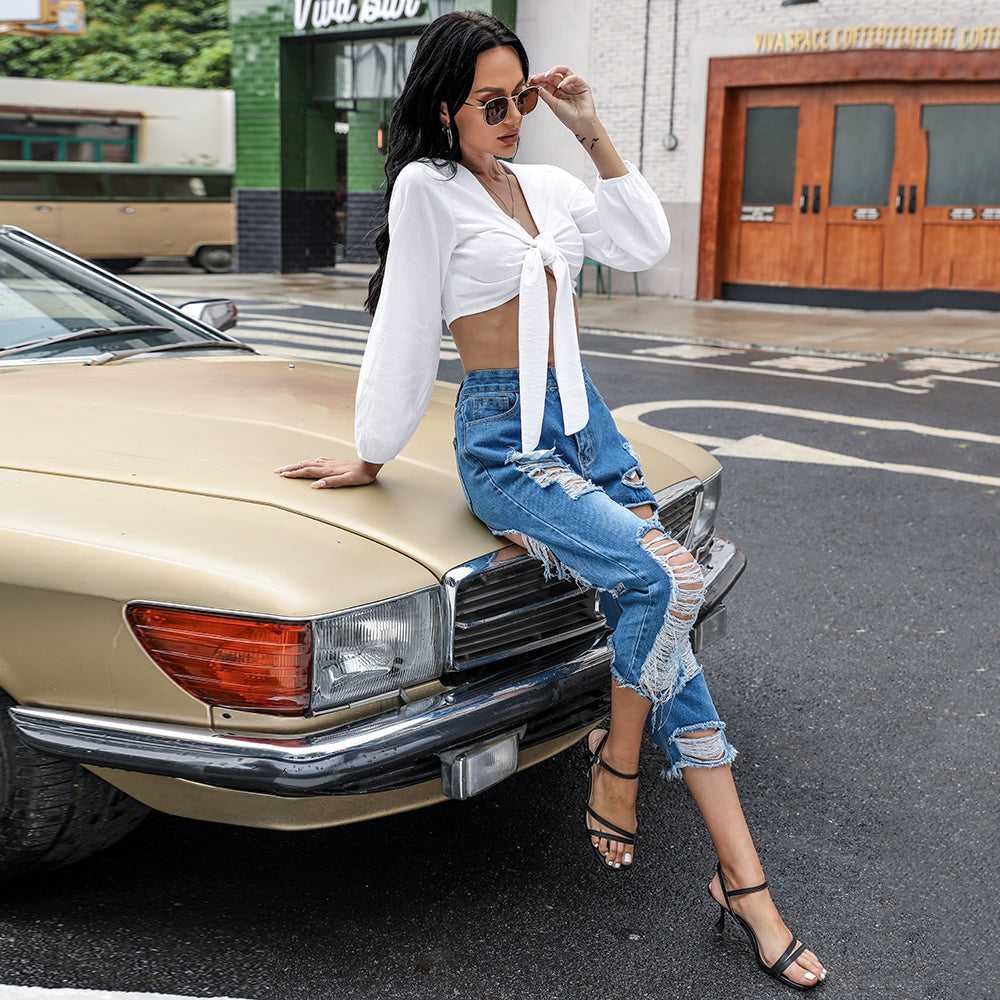 fermon - Women Boob Tube Top Short Touch Chest Lantern Bubble Sleeves Pure Color Sexy Shirt Blouse