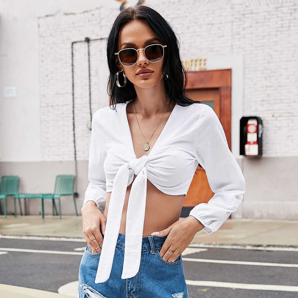 fermon - Women Boob Tube Top Short Touch Chest Lantern Bubble Sleeves Pure Color Sexy Shirt Blouse