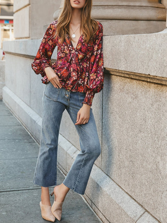 fermon - Women Deep V Neck Bow Front Long Sleeve Print Blouse