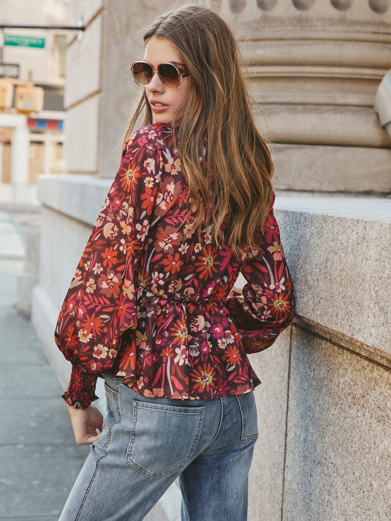 fermon - Women Deep V Neck Bow Front Long Sleeve Print Blouse