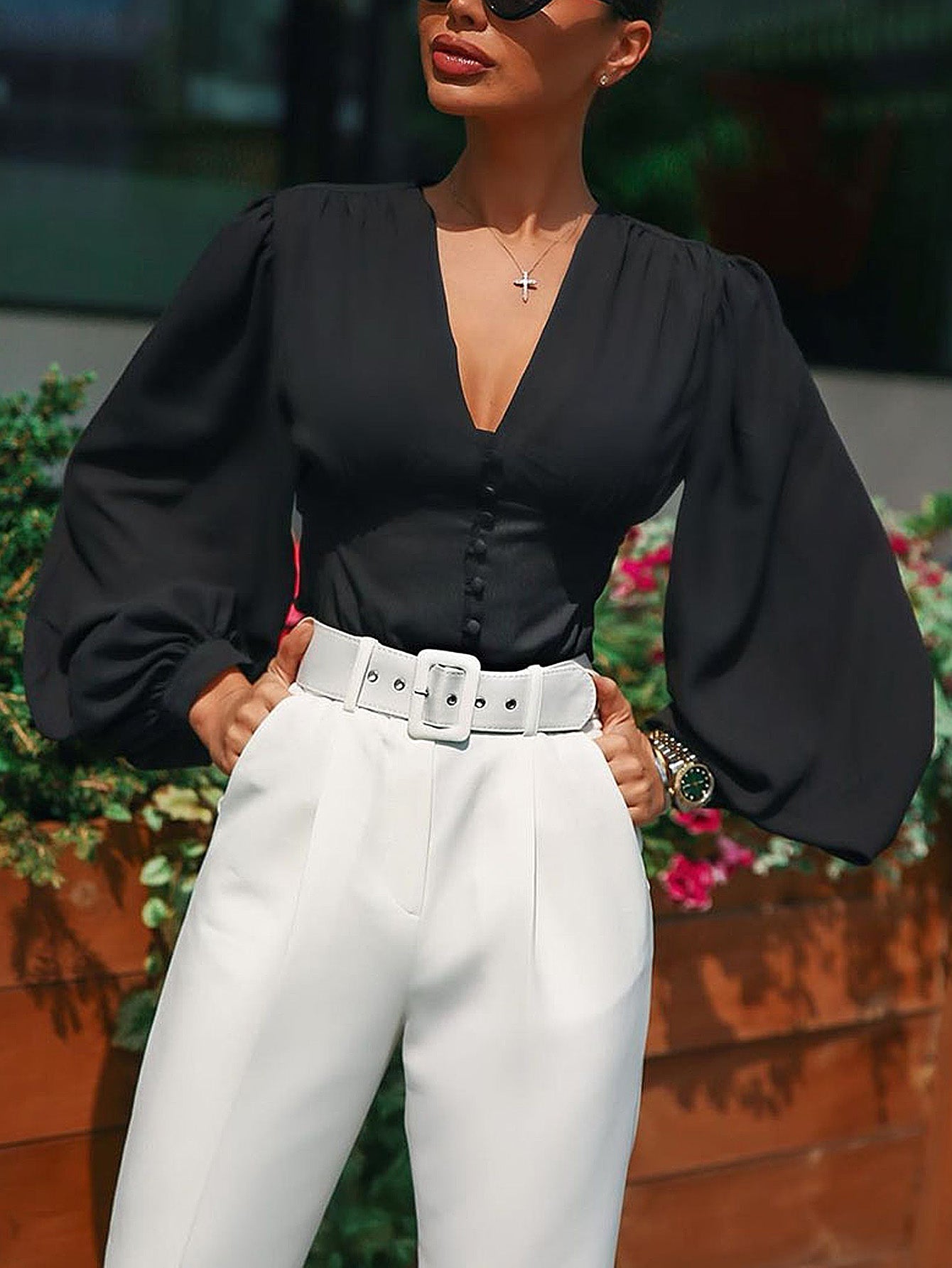 fermon - Women Deep V Neck Lantern Long Sleeve Blouse Casual Loose Pleated Shirt