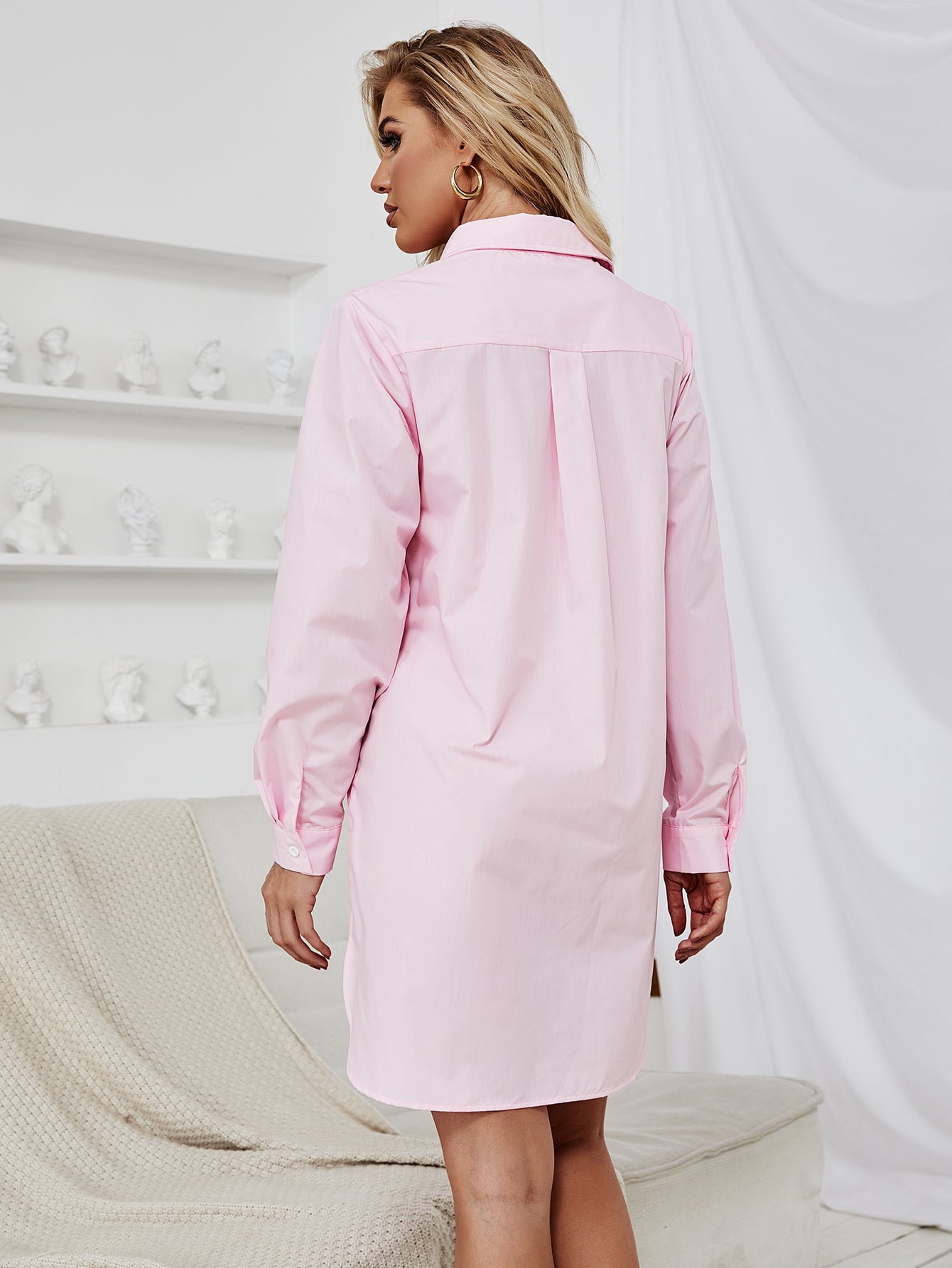 fermon - Women Long Sleeve Solid Color Casual  Button Shirt Dress Short Dresses