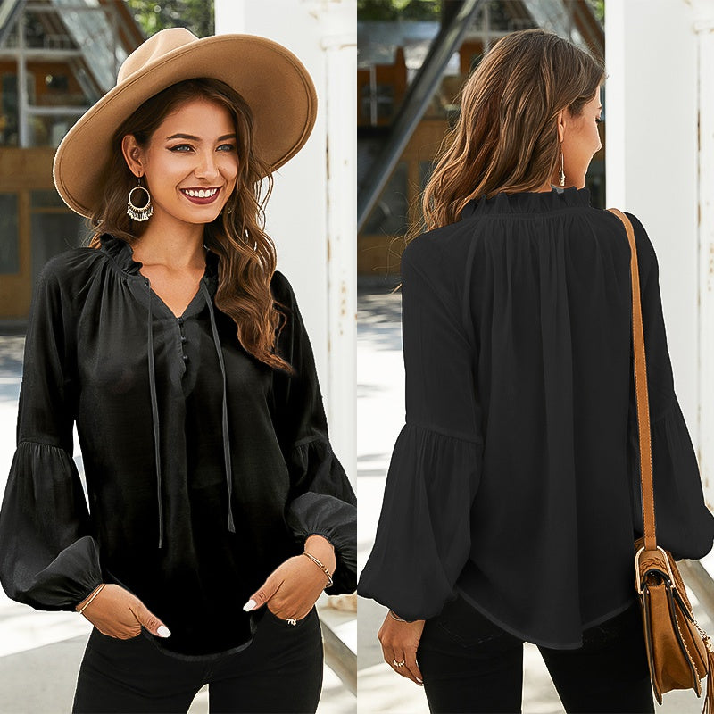 fermon - Women drawstring neck lantern Long Sleeve Chiffon Shirt Solid Color Tops Plus Size Blouse