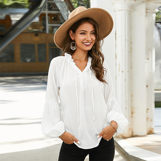 fermon - Women drawstring neck lantern Long Sleeve Chiffon Shirt Solid Color Tops Plus Size Blouse