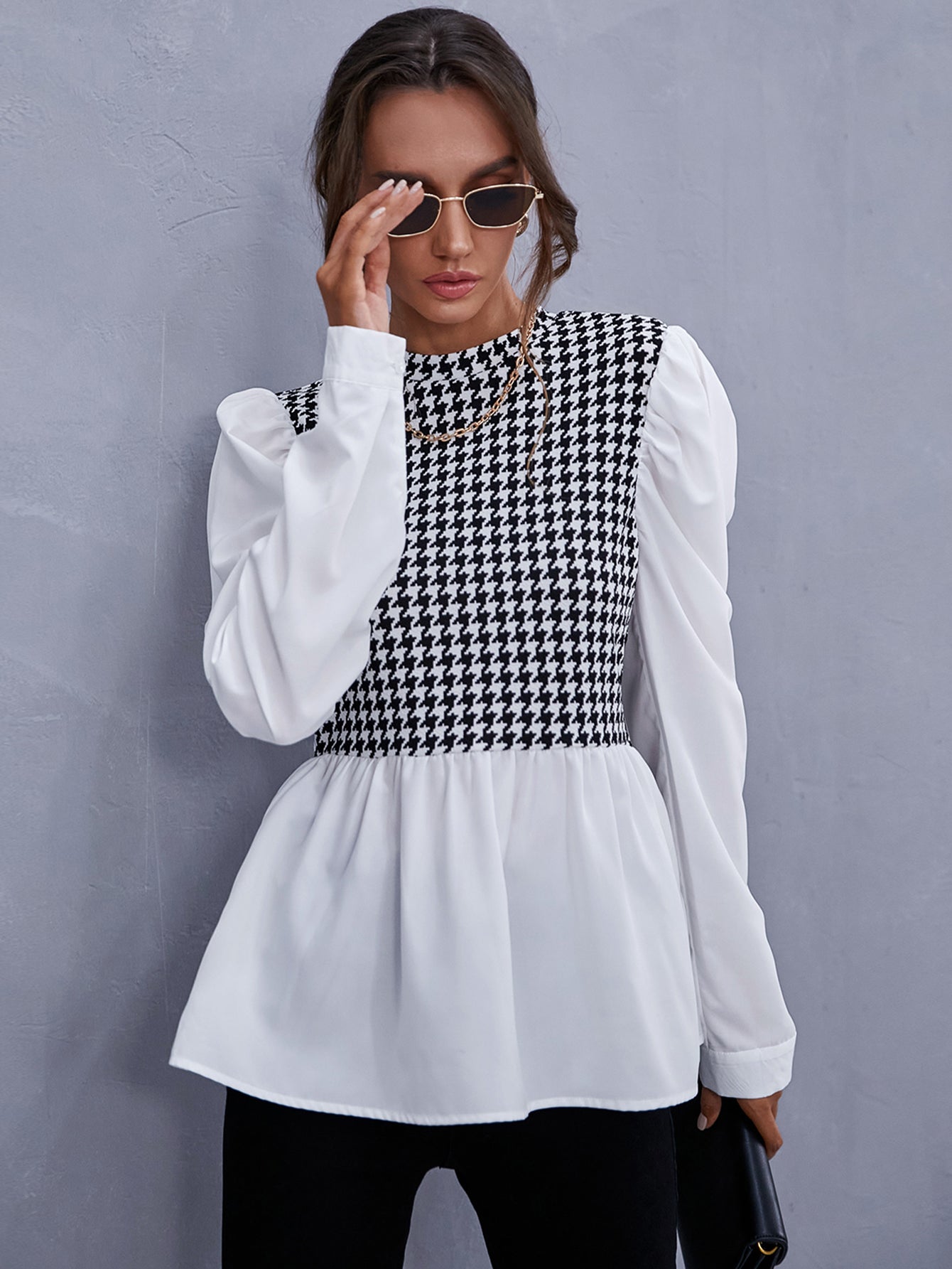 fermon - Zipper Back Houndstooth Blouse