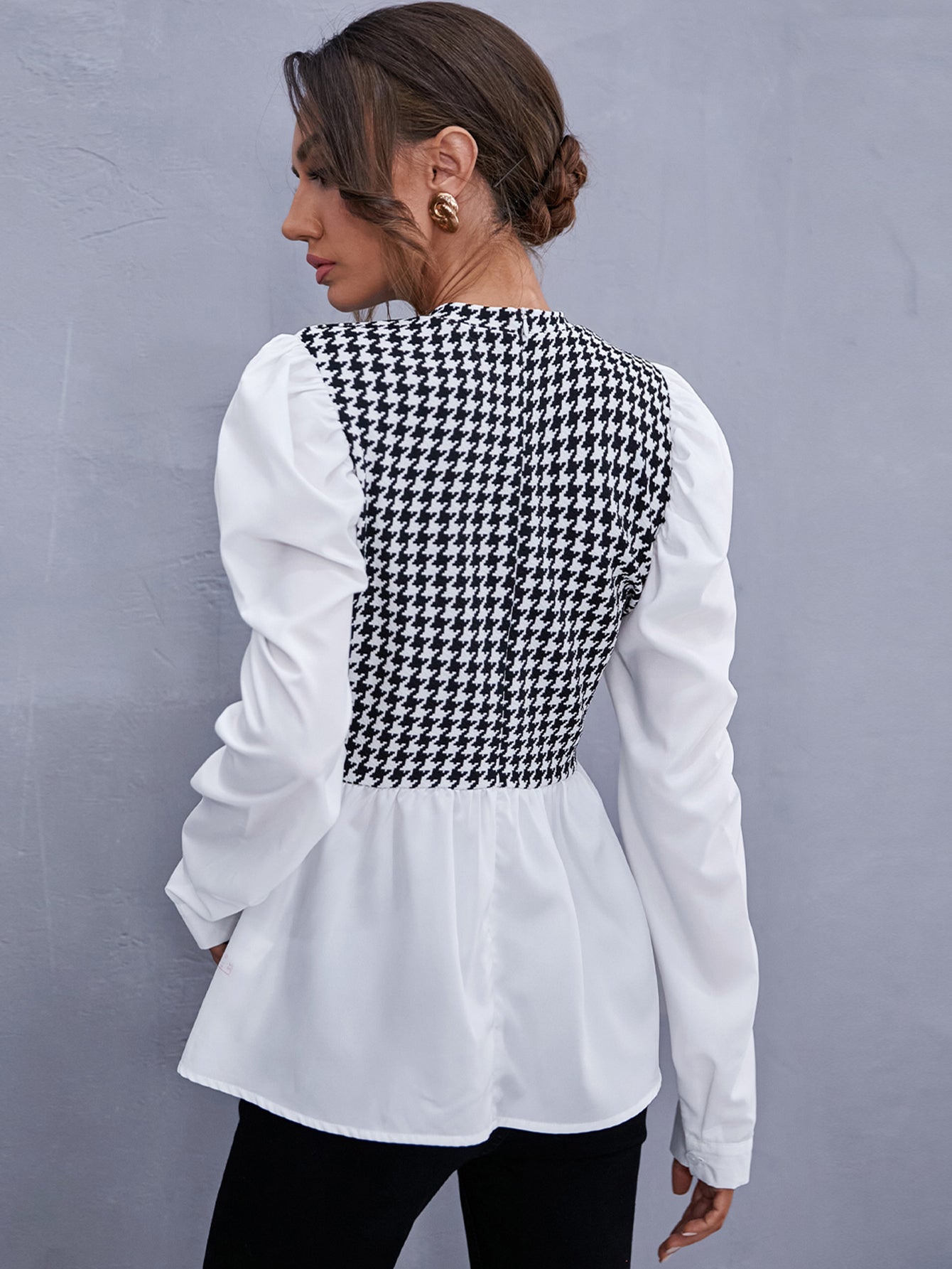 fermon - Zipper Back Houndstooth Blouse