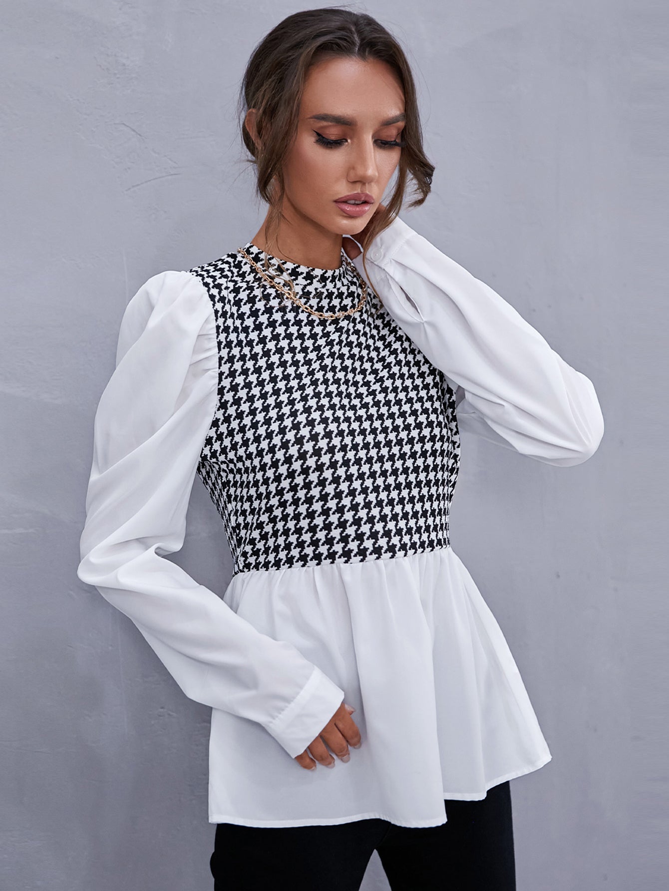 fermon - Zipper Back Houndstooth Blouse