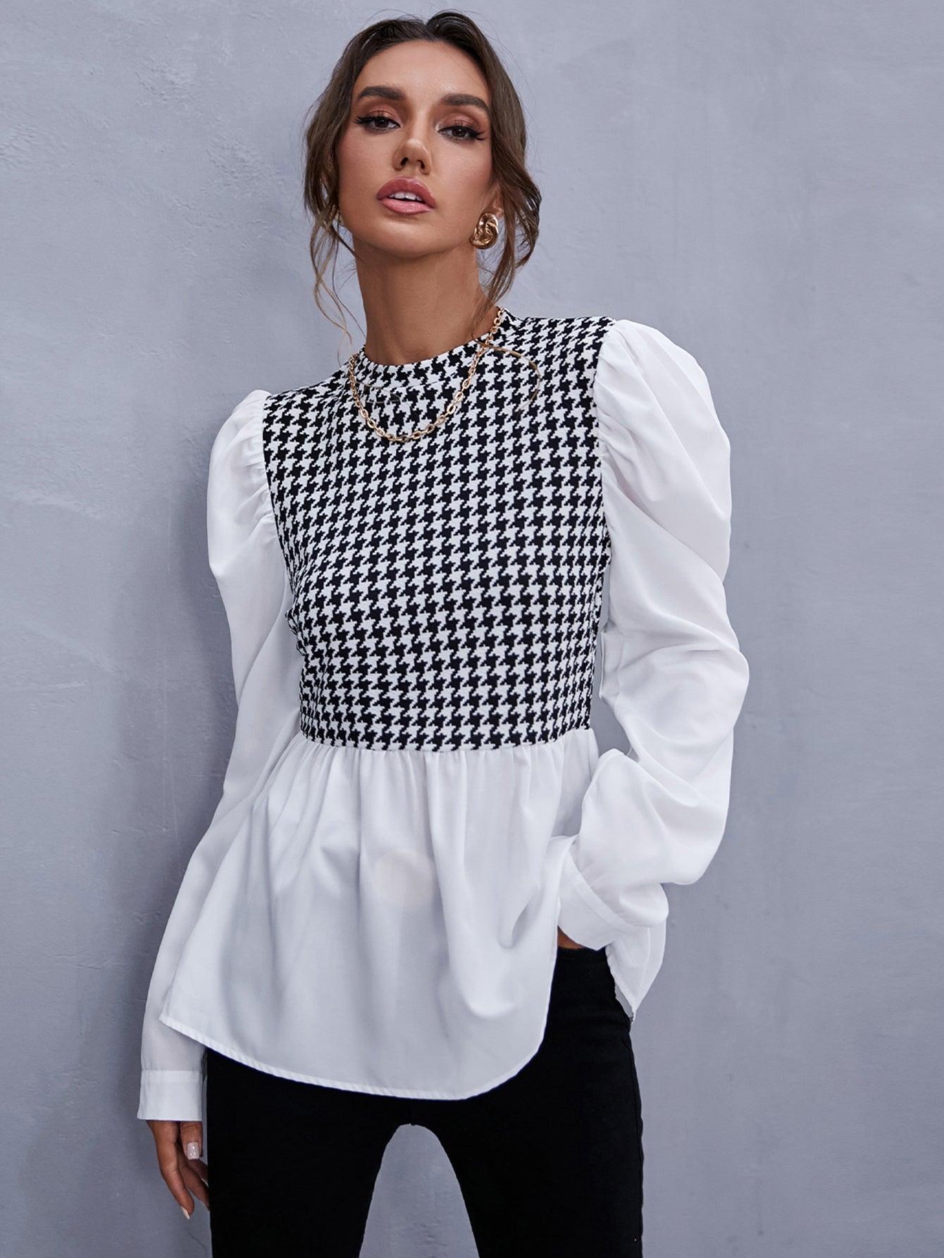 fermon - Zipper Back Houndstooth Blouse