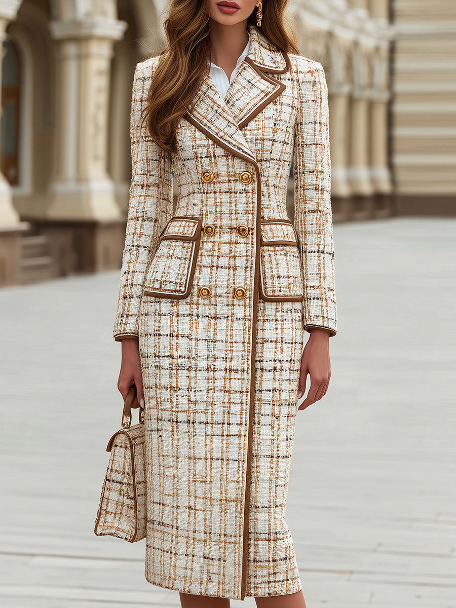 Contrast Trim Tweed Double-Breasted Longline Coat