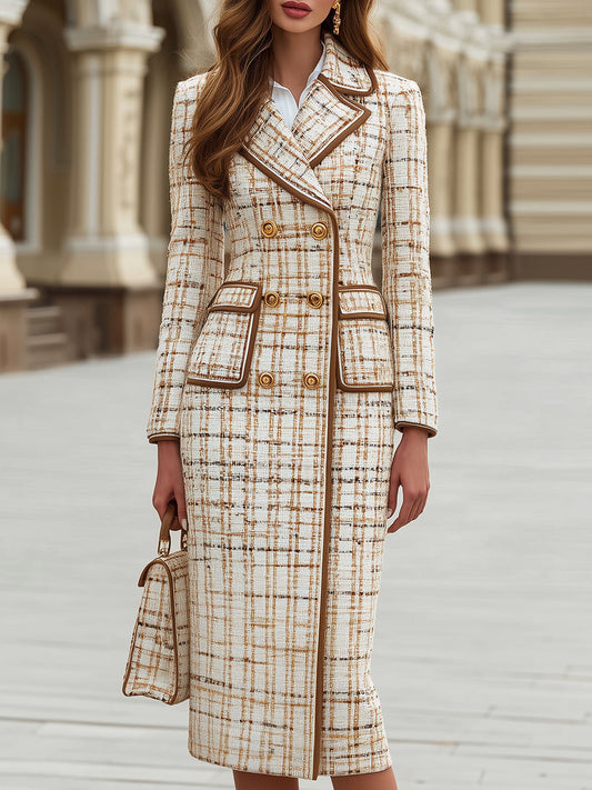 Contrast Trim Tweed Double-Breasted Longline Coat