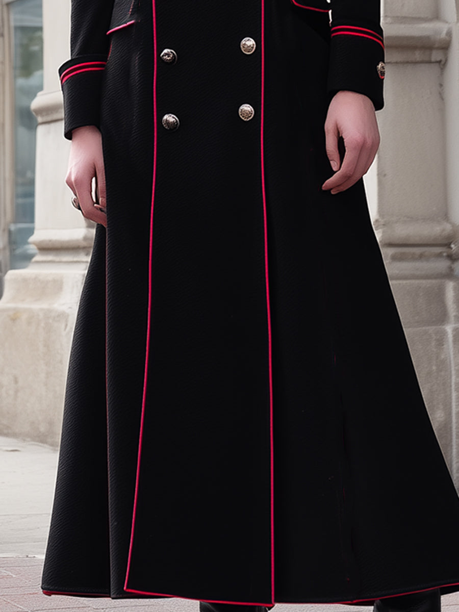 Regal Black Military-Inspired Long Coat With Red Piping