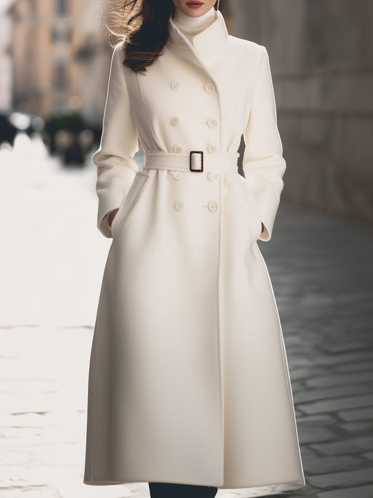 Elegant Wool Blend Double-Breasted Long Coat