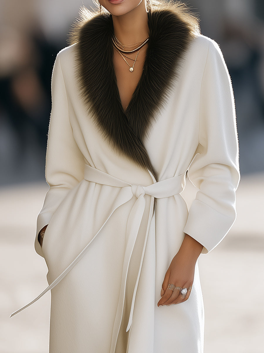 Ivory Wool Coat With Fur Collar And Belt