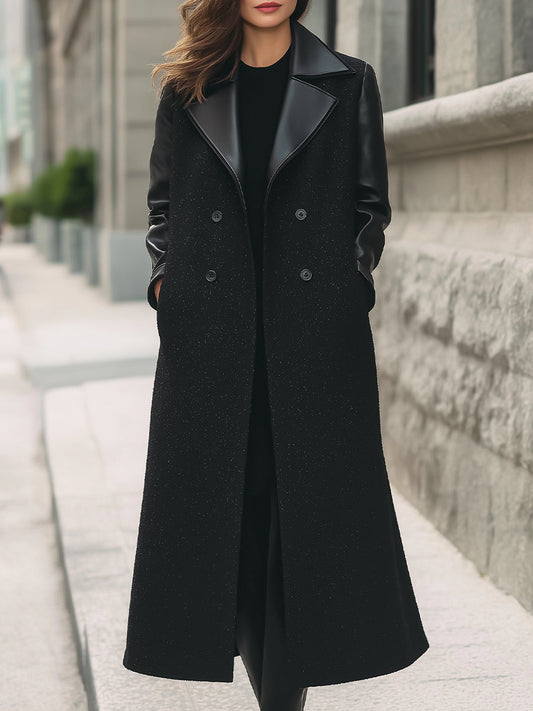 Wool-Blend Long Coat With Faux Leather Trim