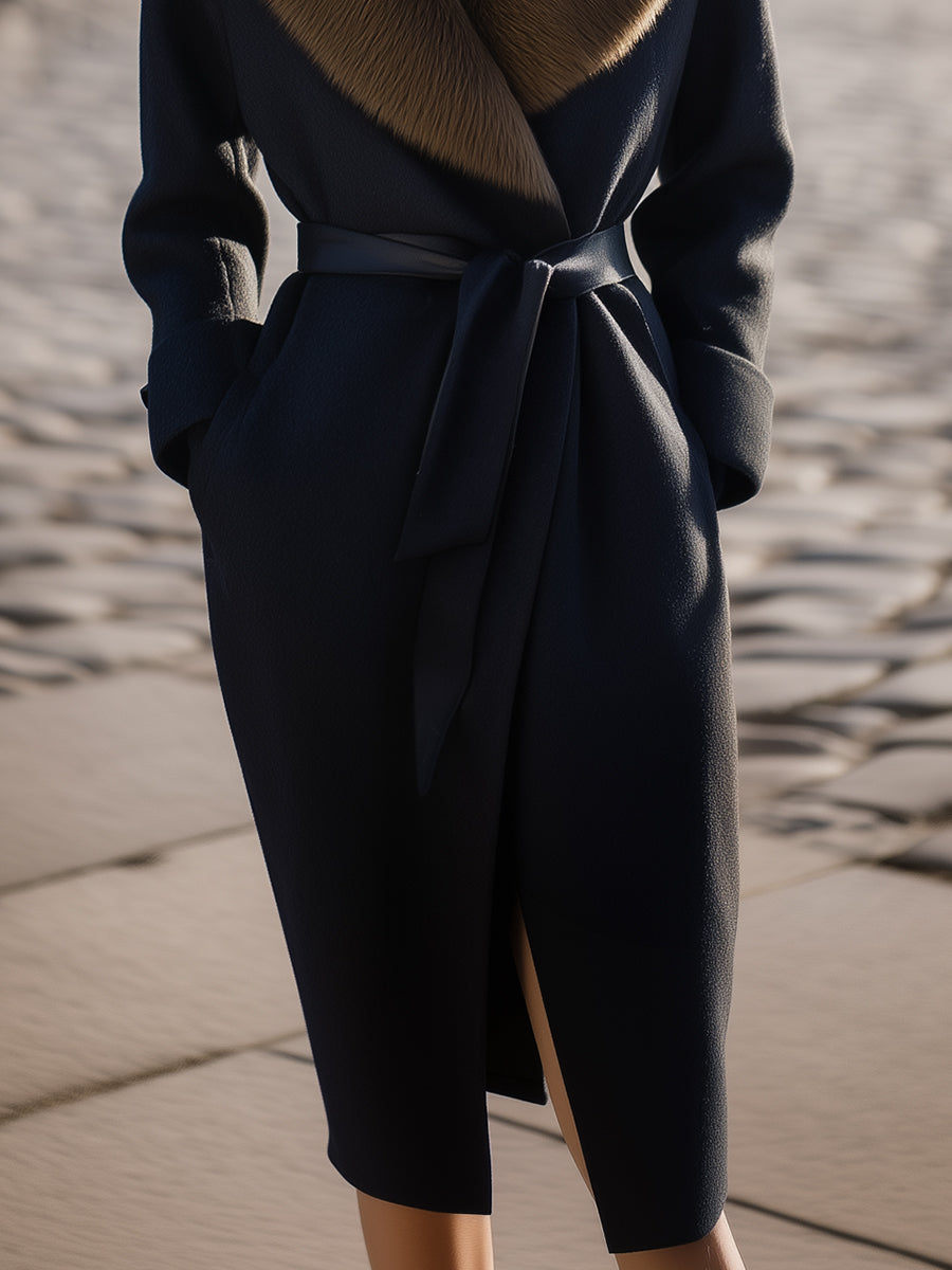 Black Wool Coat With Oversized Fur Collar