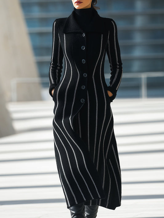 Black Striped Knit Maxi Coat