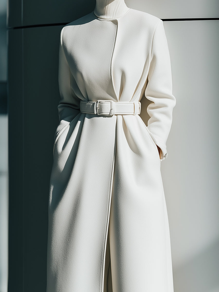 White Belted Minimalist Wool Coat