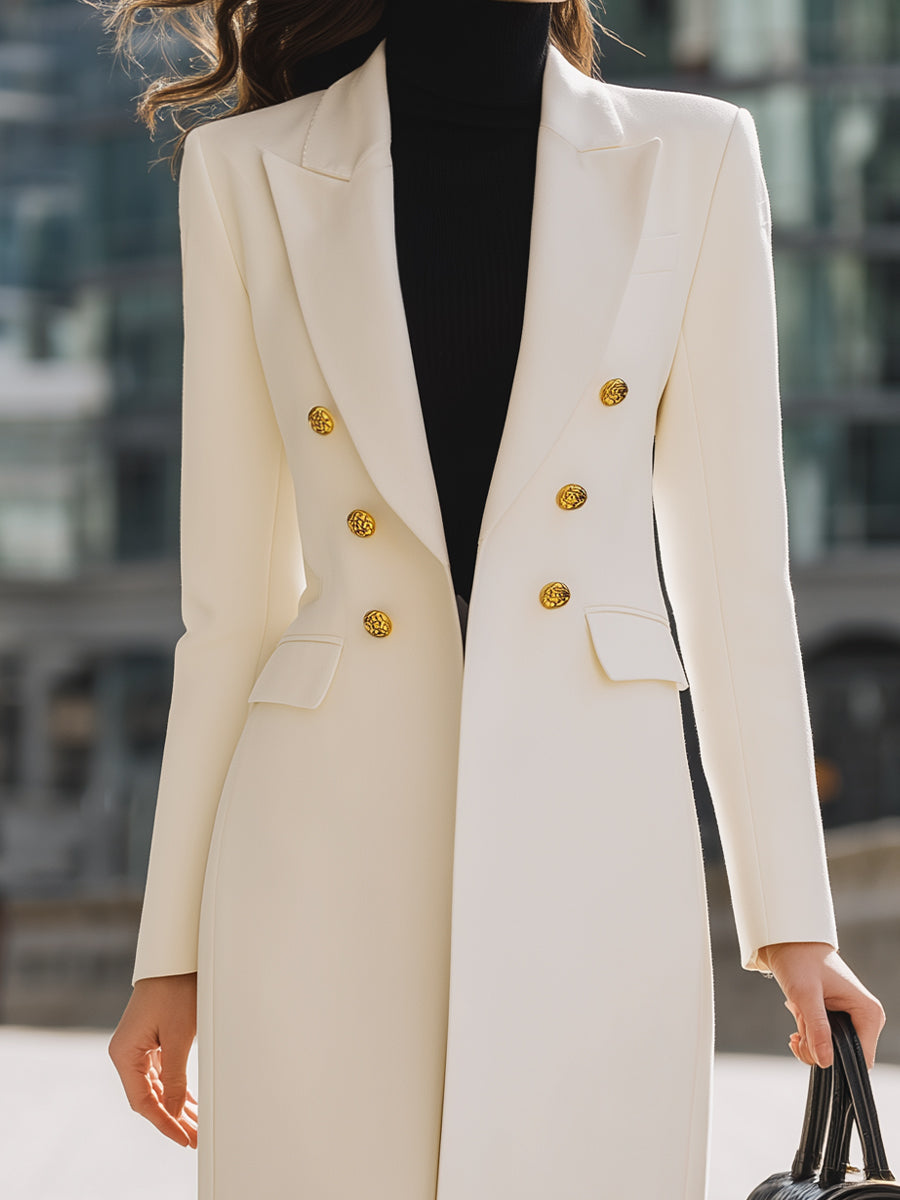 Elegant White Double-Breasted Blazer Coat With Gold Button Detailing