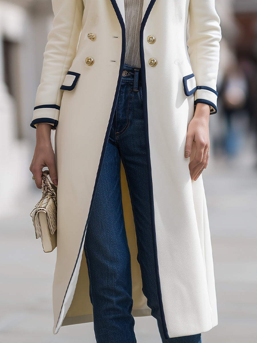 Legant White Double - Breasted Coat With Navy Contrast Trim