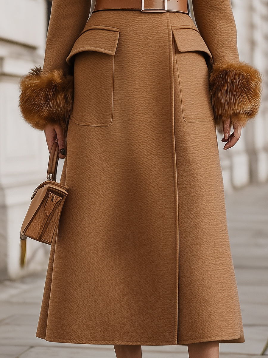 Luxury Wool-Blend Camel Coat With Faux Fur Collar & Cuffs
