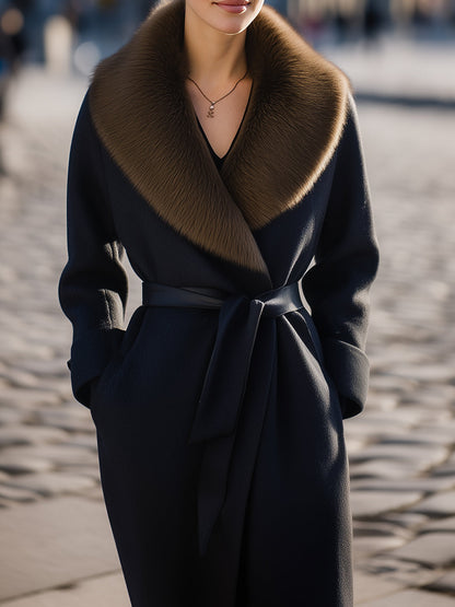 Black Wool Coat With Oversized Fur Collar